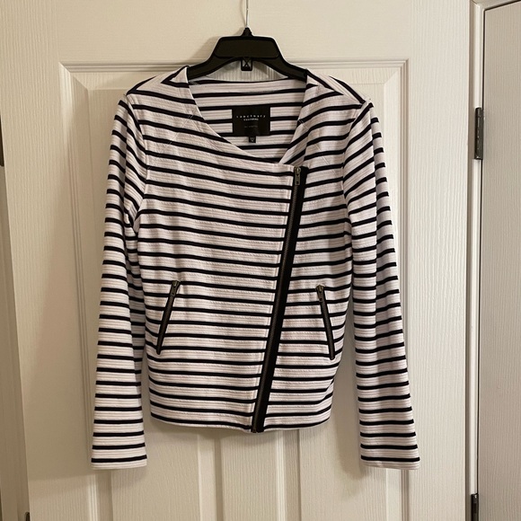 Sanctuary Prep Moto Jacket in Navy Stripe with Front Zip and Pockets - Picture 12 of 12